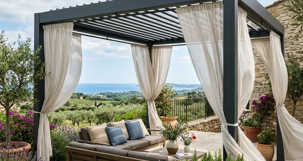 Une pergola bioclimatique, c'est quoi ? Un espace extérieur chic avec salon, vue mer et voilages légers.