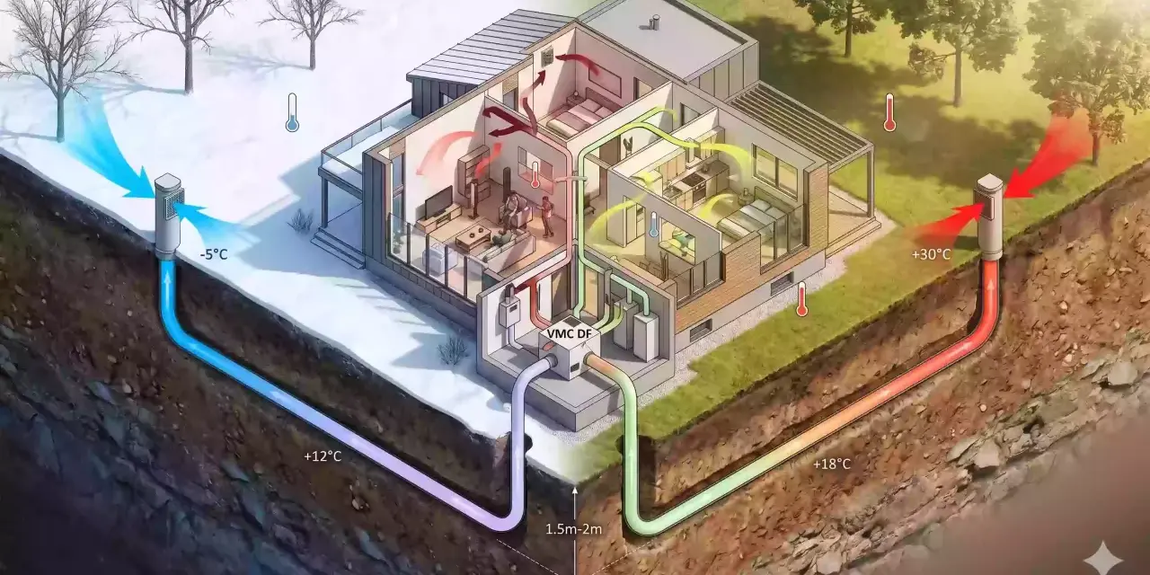 Schéma d'une maison avec un puit canadien. L'air extérieur est préchauffé ou pré-refroidi par la terre avant d'entrer dans la maison.