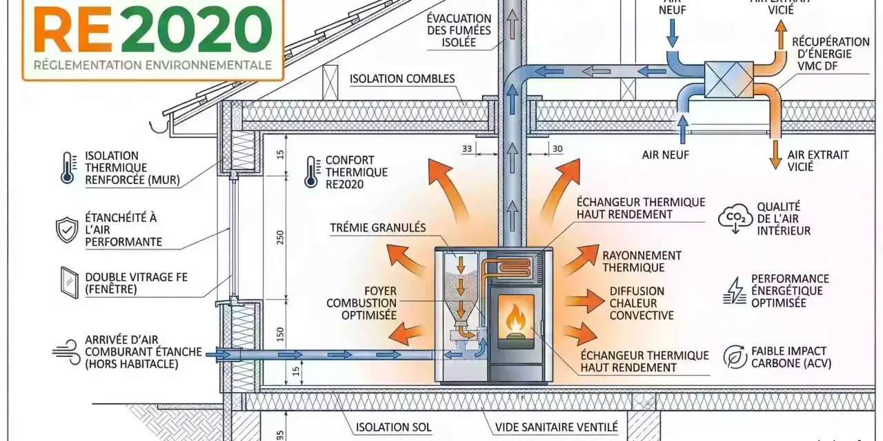 Schéma d'un poêle à granulés RE2020, montrant l'installation, l'isolation, la ventilation et la récupération d'énergie pour un confort thermique optimal.