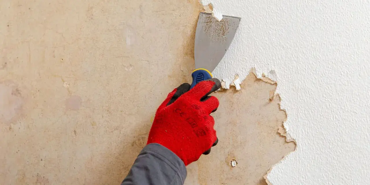 Main tenant utilise un grattoir pour décoller papier peint ancien sur un mur.