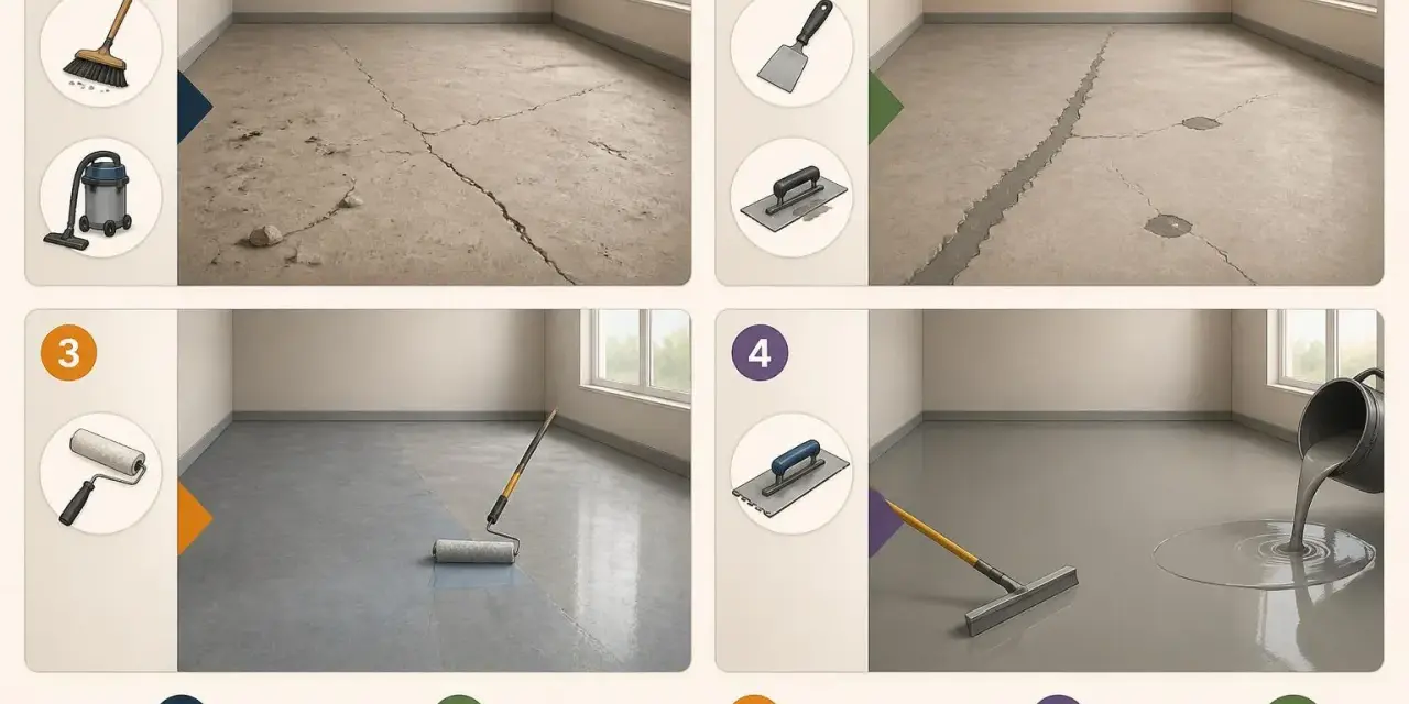 Étapes pour appliquer un ragréage autonivelant : nettoyage, réparation des fissures, application d'une sous-couche, puis coulage et étalement du produit pour un sol lisse.