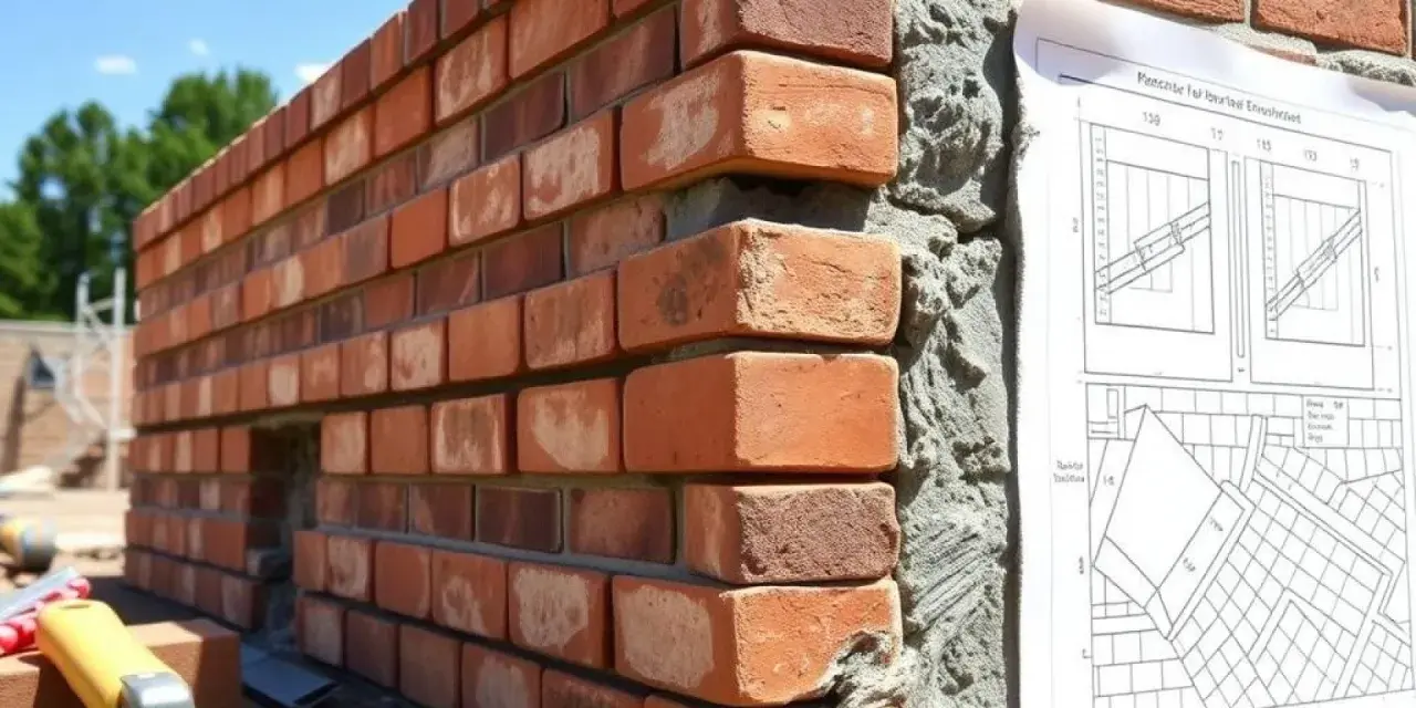 Mur en briques rouges, avec un plan de construction affiché. Le mortier sans retrait assure une pose parfaite.