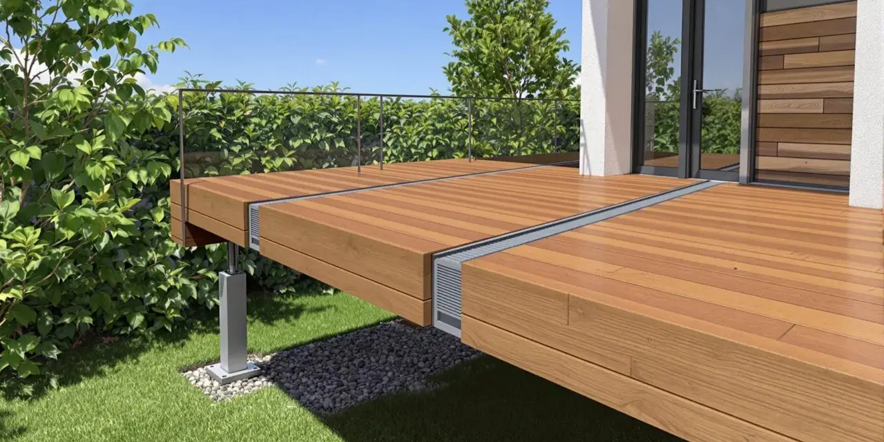 Un magnifique projet pour faire un toit terrasse en bois, avec une balustrade en verre et une végétation luxuriante.