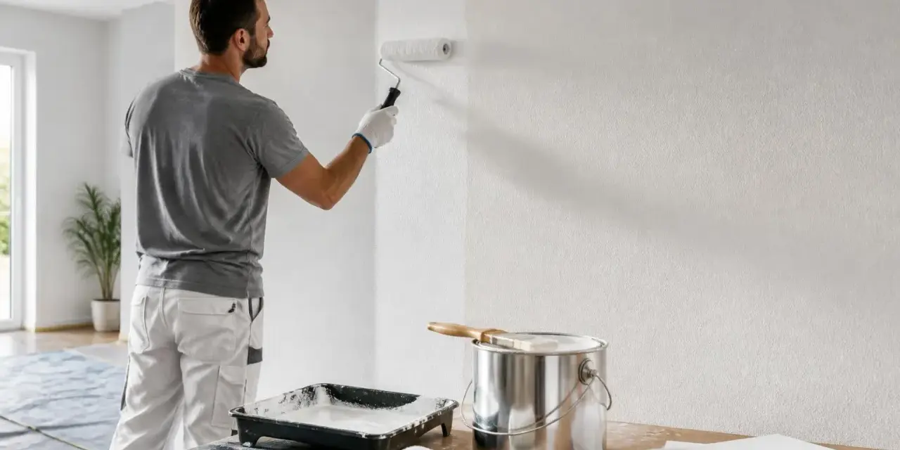 Un peintre applique une couche de peinture blanche sur un mur. Il utilise un rouleau et une boîte de peinture. On se demande combien de litre de peinture par m2 sera nécessaire pour ce chantier.