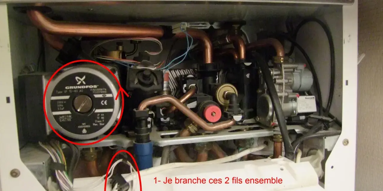 Intérieur d'une chaudière, avec une pompe Grundfos et des tuyaux de cuivre. Des fils sont entourés, suggérant une réparation pour un problème de chaudière ne se déclenche pas eau chaude.