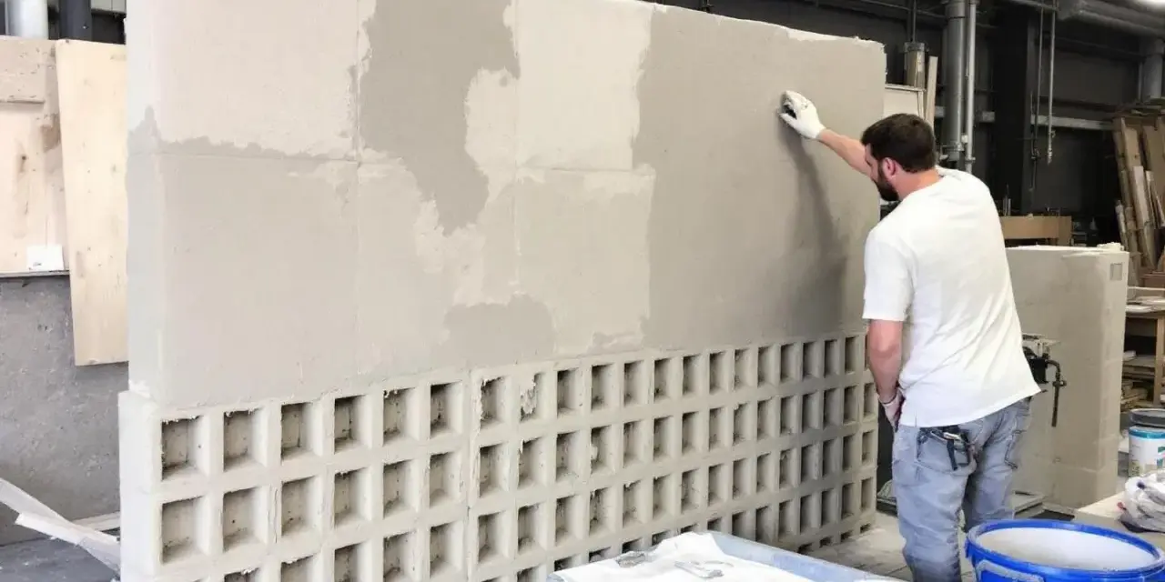 Un homme applique un enduit sur un mur en parpaings creux. L'épaisseur de l'enduit est visible par les zones plus claires et plus sombres.