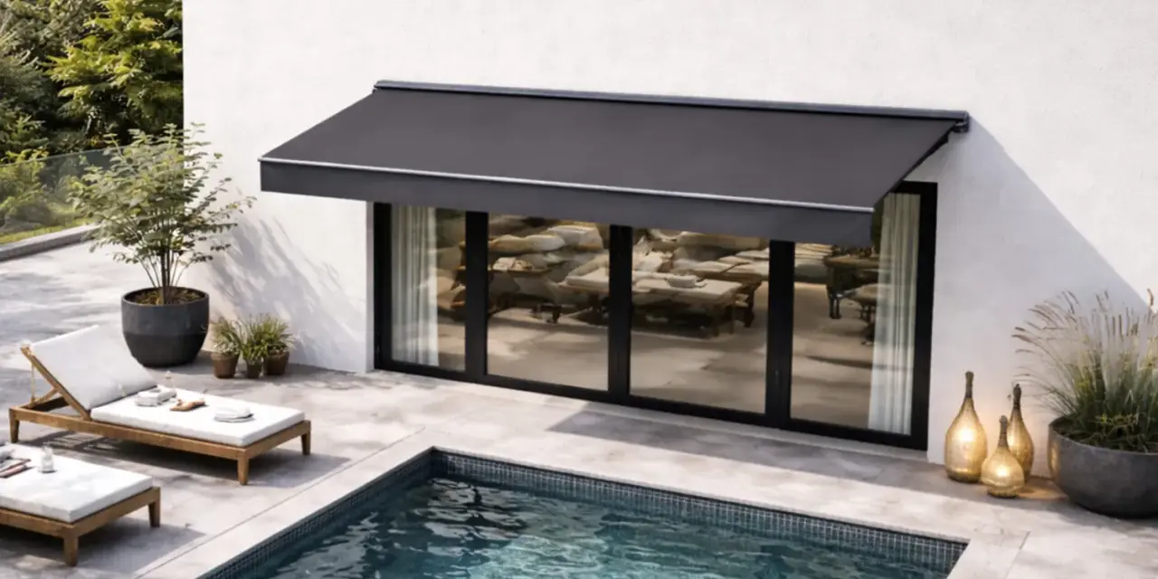 Un store banne gris protège une terrasse moderne avec piscine. L'entretien de ce store est essentiel pour profiter de cet espace de détente.