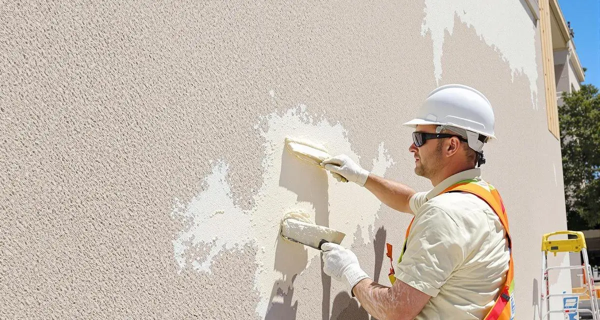 Un ouvrier en casque blanc applique un nouvel enduit extérieur sur un enduit existant, à l'aide de deux truelles.