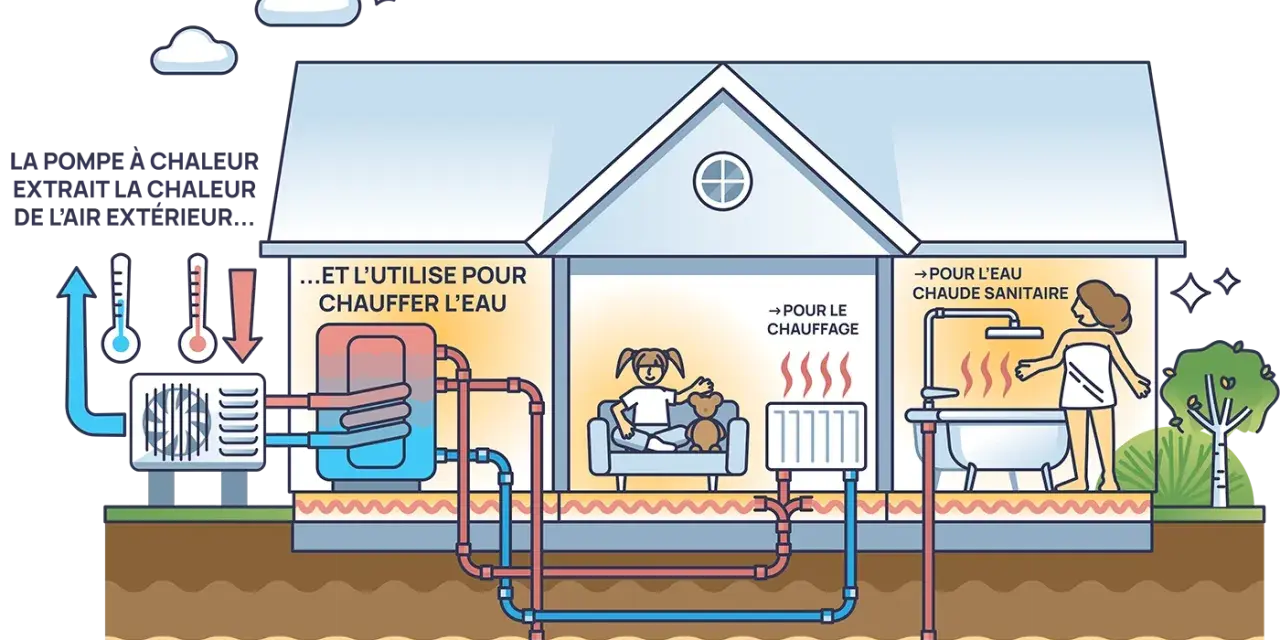 Une pompe à chaleur extrait la chaleur de l'air extérieur pour chauffer l'eau de la maison. Le chauffage aérothermie, c'est quoi ? C'est une solution écologique pour le confort.
