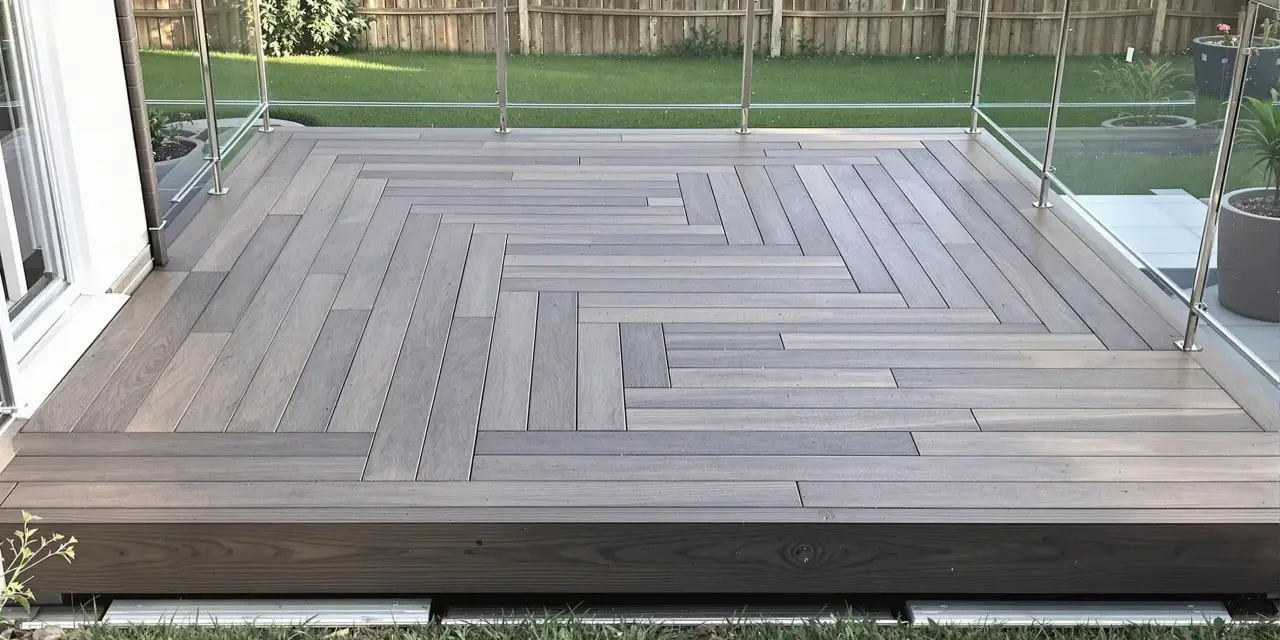 Une belle pose terrasse bois sur terre, avec un motif en chevrons moderne et des garde-corps en verre.