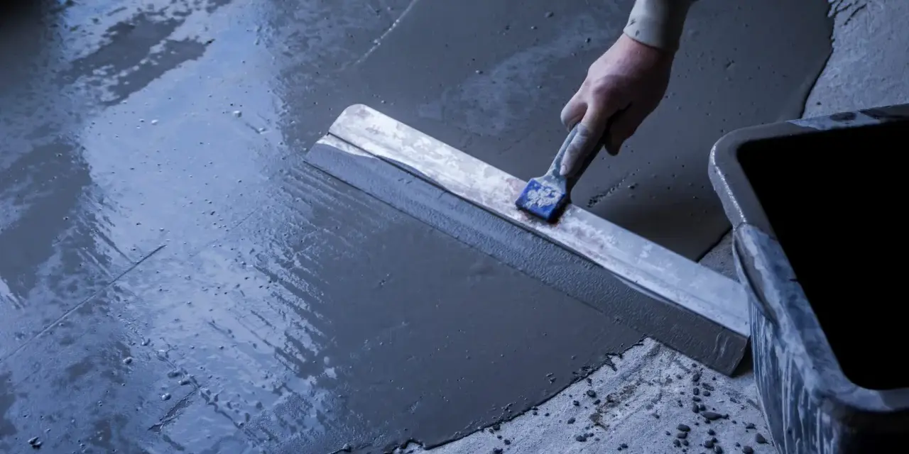 Main d'un ouvrier réalisant un ragréage de terrasse extérieur avec une lisseuse, assurant une pente pour l'évacuation de l'eau.