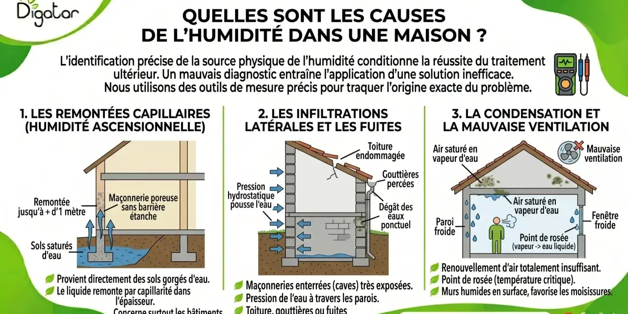 Illustration des causes d'humidité dans une maison : remontées capillaires du sol, infiltrations, et condensation.