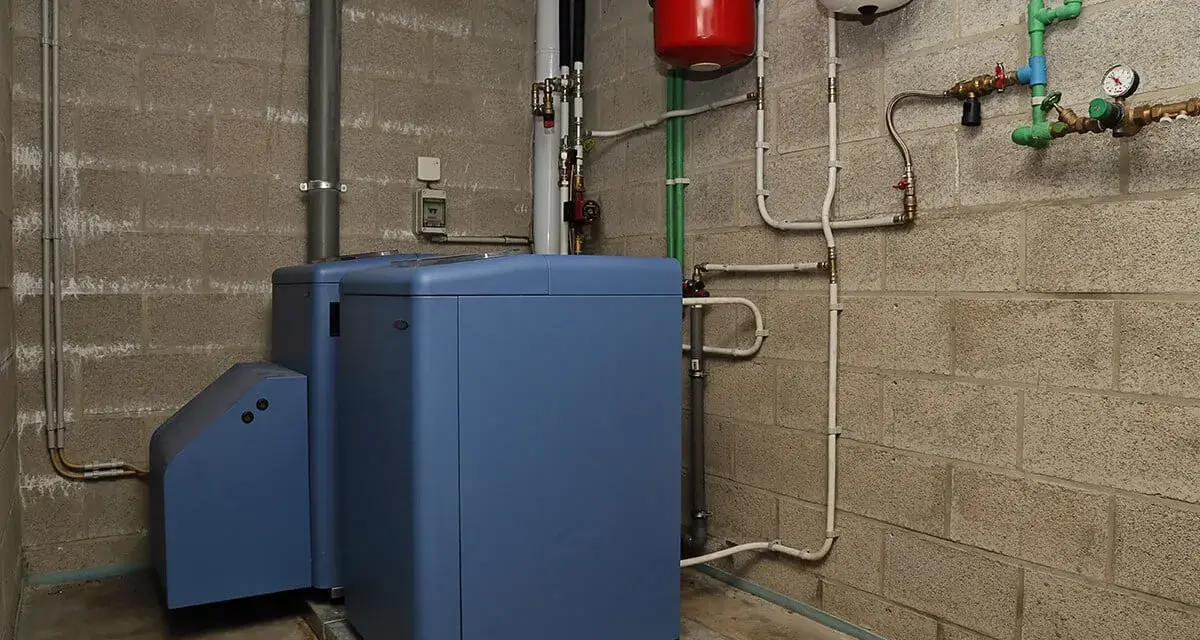 Chaudière fioul bleue dans une chaufferie, avec réservoirs rouge et blanc. Le prix du chauffage fioul est une préoccupation.