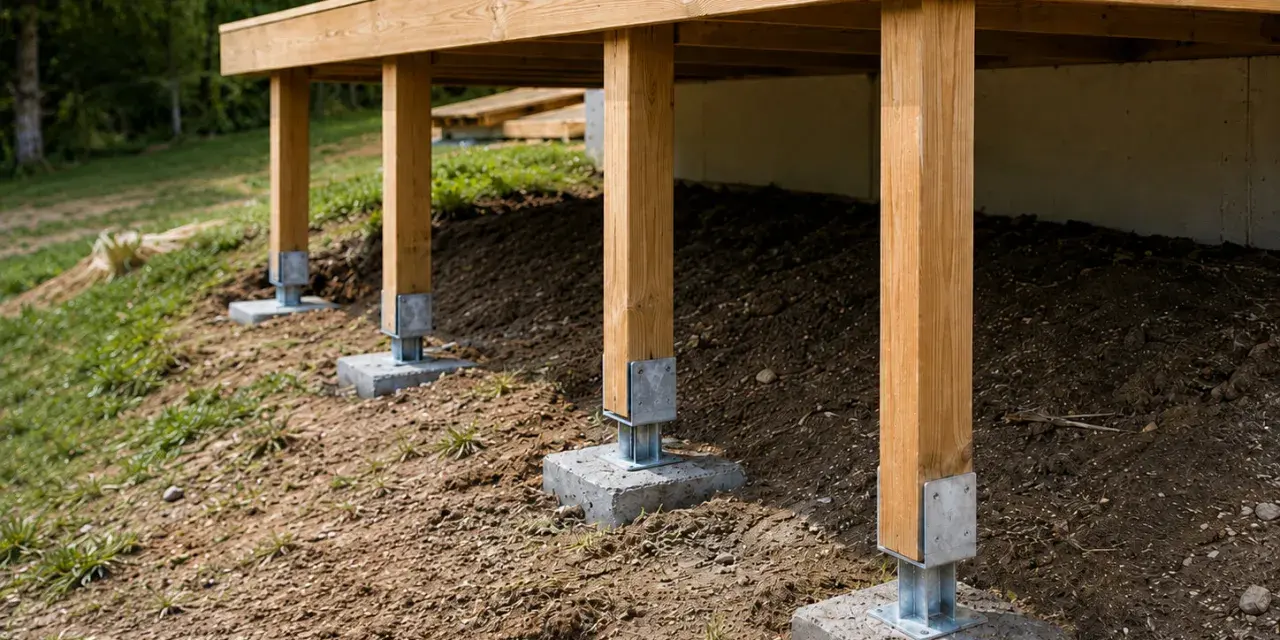 Vue d'un schema plan terrasse sur pilotis en bois, soutenue par des piliers en béton sur un terrain en pente.
