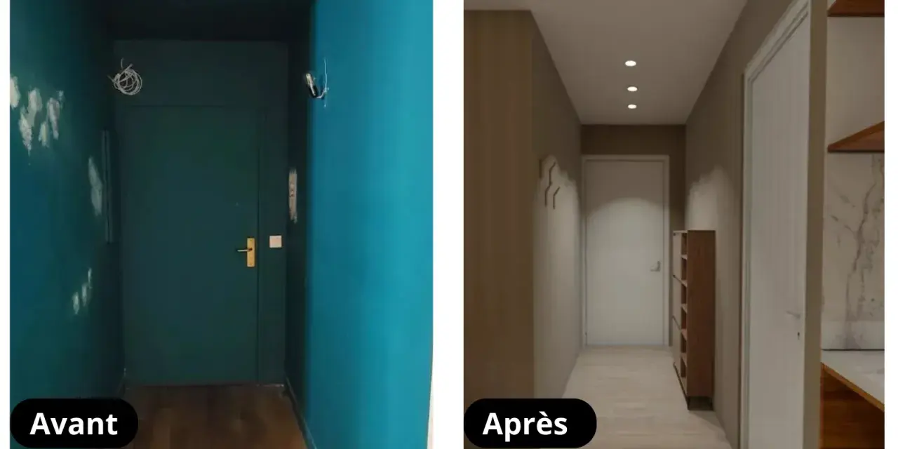 Avant/Après : un couloir transformé avec une peinture couloir moderne, plus lumineux et organisé.