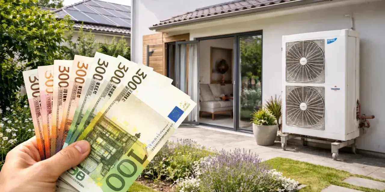 Main d'une personne tenant des billets en euros devant une maison moderne avec une unité de climatisation extérieure. Le prix de la climatisation est un investissement.