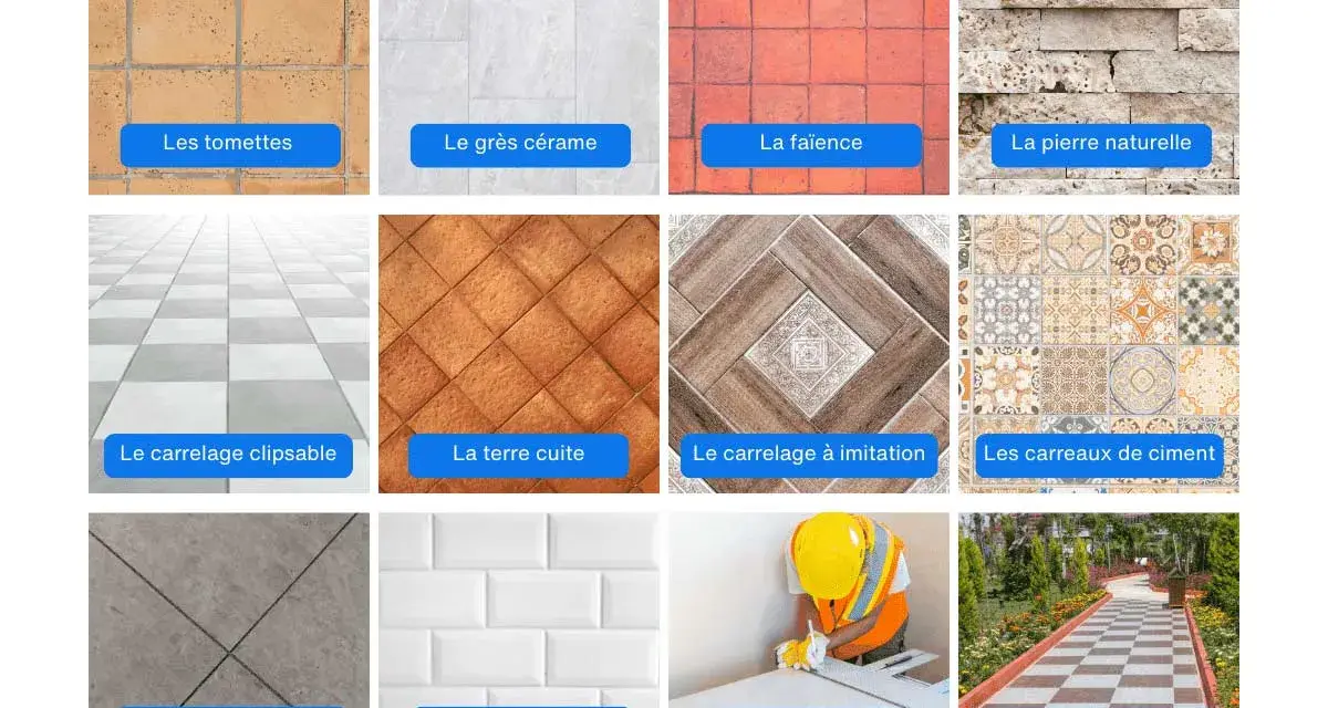 Divers carrelages : tomettes, grès cérame, faïence, pierre naturelle, etc. Idéal pour estimer le prix pose carrelage m2.