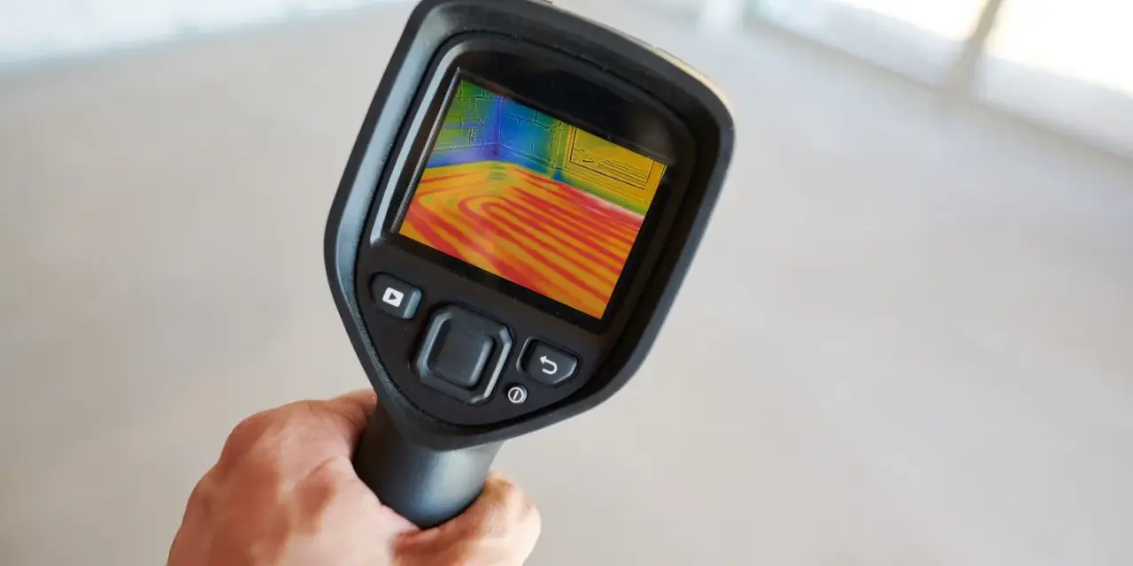 Caméra thermique montrant un problème de chauffage au sol. Les couleurs froides indiquent que le chauffage au sol ne fonctionne pas dans cette pièce.