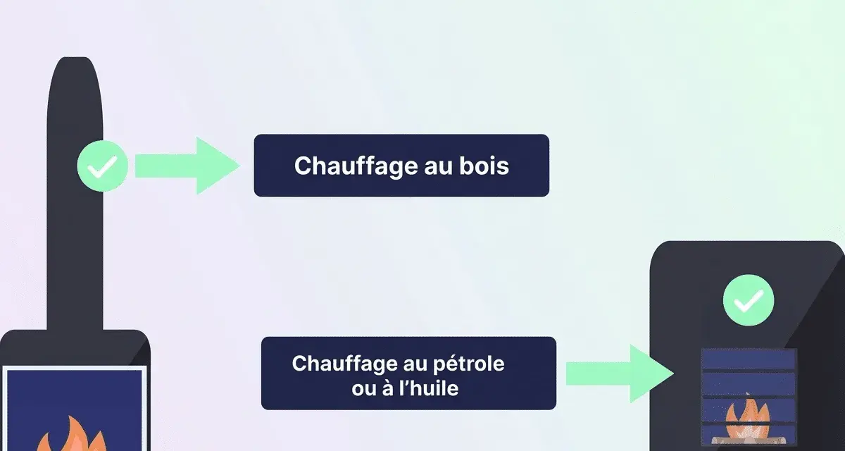 Cheminée et poêle illustrant le chauffage au bois et le chauffage au pétrole ou à l'huile, des options de chauffage sans électricité.