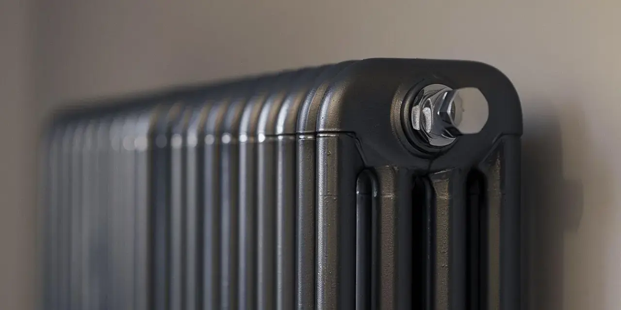 Gros plan sur un radiateur bain d'huile noir, avec un bouchon chromé visible. Un élément clé pour gérer la consommation d'énergie.