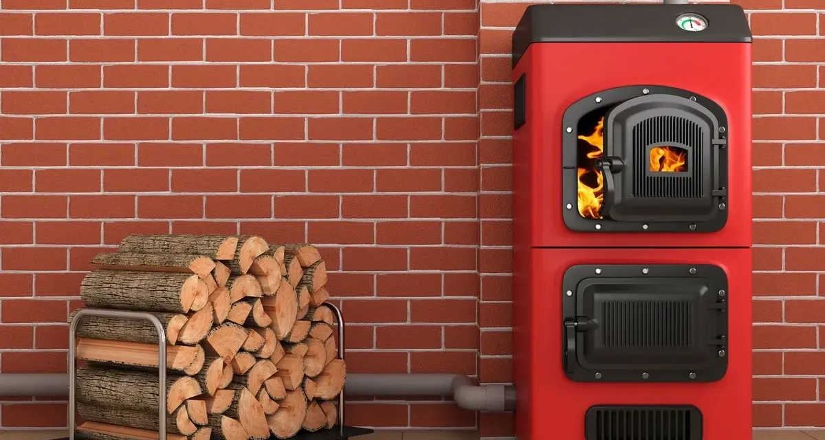 Une chaudière biomasse, c'est quoi ? Une chaudière rouge vif avec du bois de chauffage à côté, prête à chauffer.