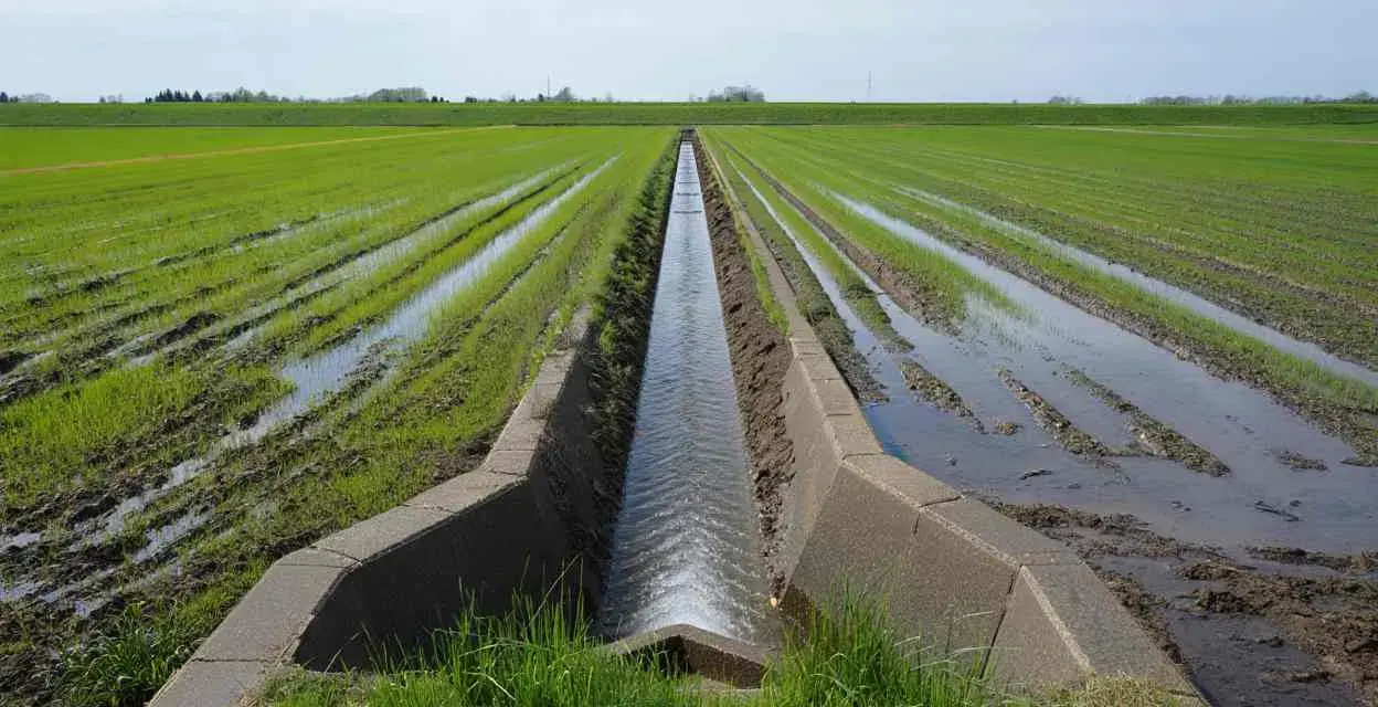Un canal en béton aide à drainer un terrain gorgé d'eau, avec des rangées de jeunes pousses vertes et des flaques d'eau.