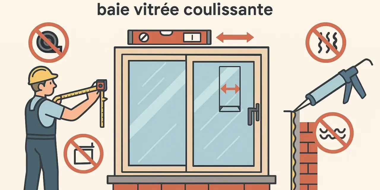 Un poseur mesure une baie vitrée coulissante. L'image illustre les erreurs à éviter lors de la pose d'une baie vitrée, notamment l'usage d'un mètre ruban, le niveau à bulle et le joint d'étanchéité.