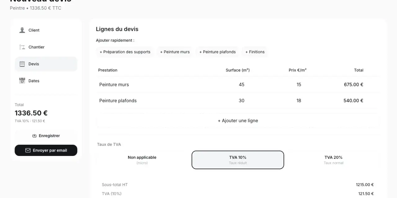 Un exemple devis peinture pour murs et plafonds, avec détails des prestations, surfaces, prix et TVA. Total TTC 1336.50 €.