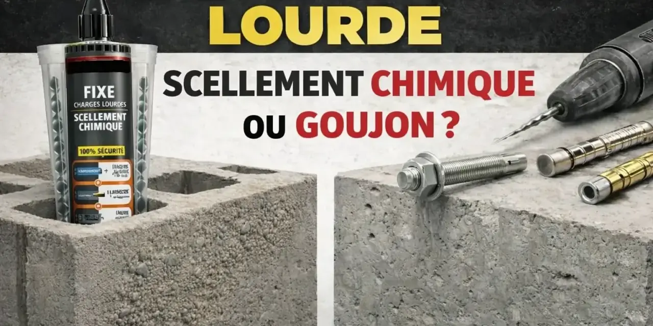 Scellement chimique ou goujon pour parpaing creux charge lourde ? L'image compare les deux solutions pour une fixation solide.
