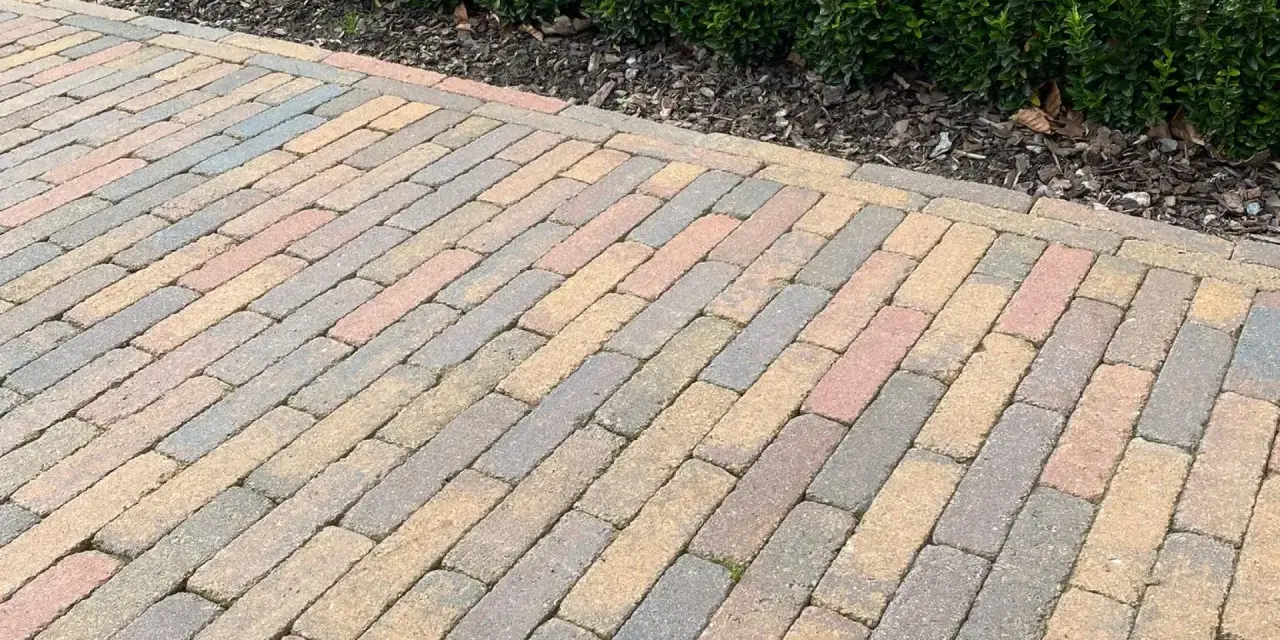Un chemin en pavés extérieurs aux teintes chaudes et grises, bordé par un buisson verdoyant.