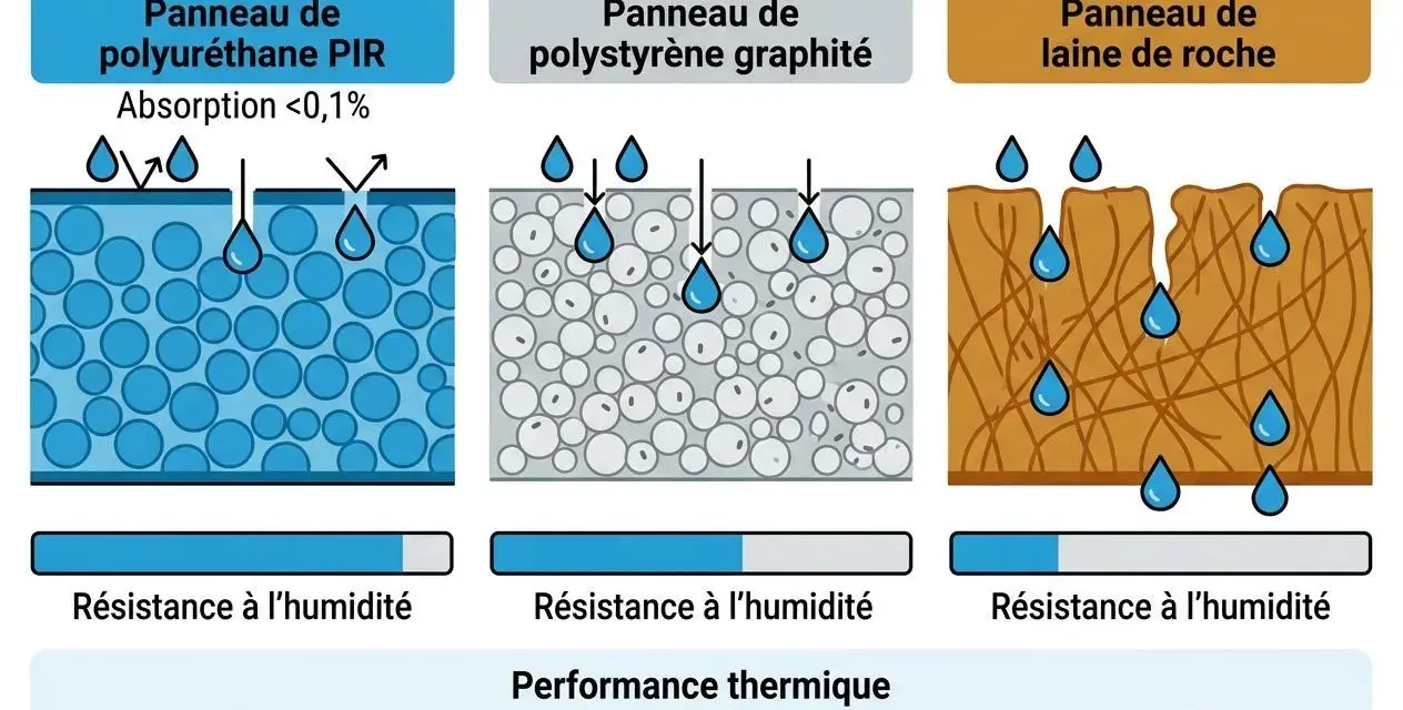 Ce tableau comparatif d'isolants thermiques montre la résistance à l'humidité du polyuréthane PIR, du polystyrène graphité et de la laine de roche.