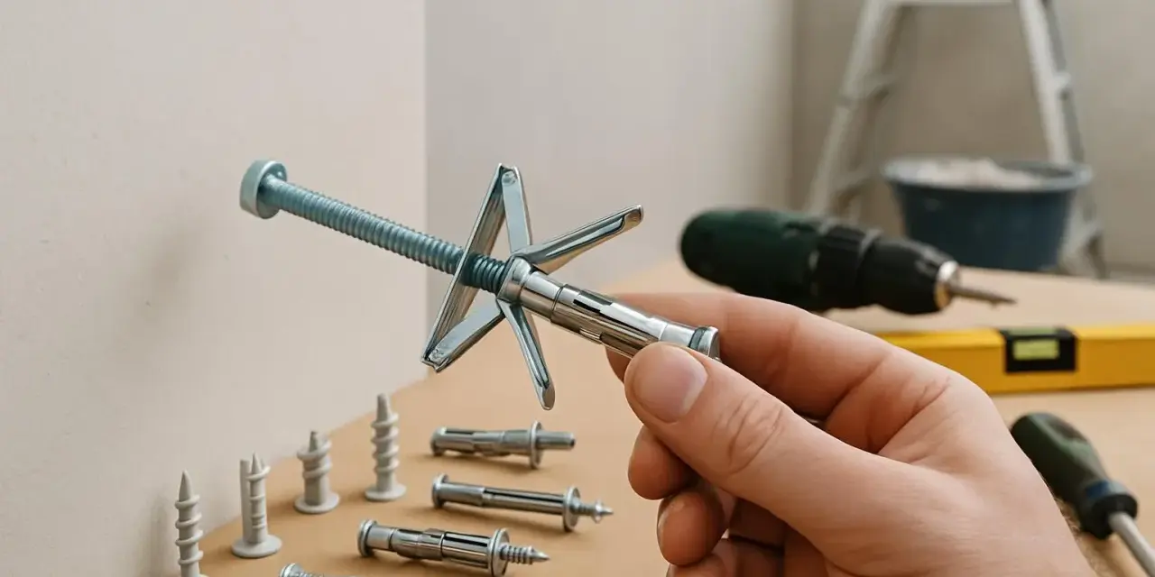 Main d'un bricoleur tenant un cheville métallique pour charge lourde sur carreau de plâtre. Divers chevilles et outils en arrière-plan.