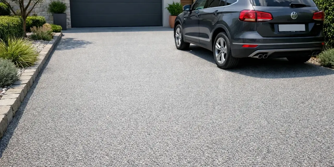 Allée de gravier stabilisé par résine. Avantage : esthétique et drainant. Inconvénient : peut être sensible aux taches.