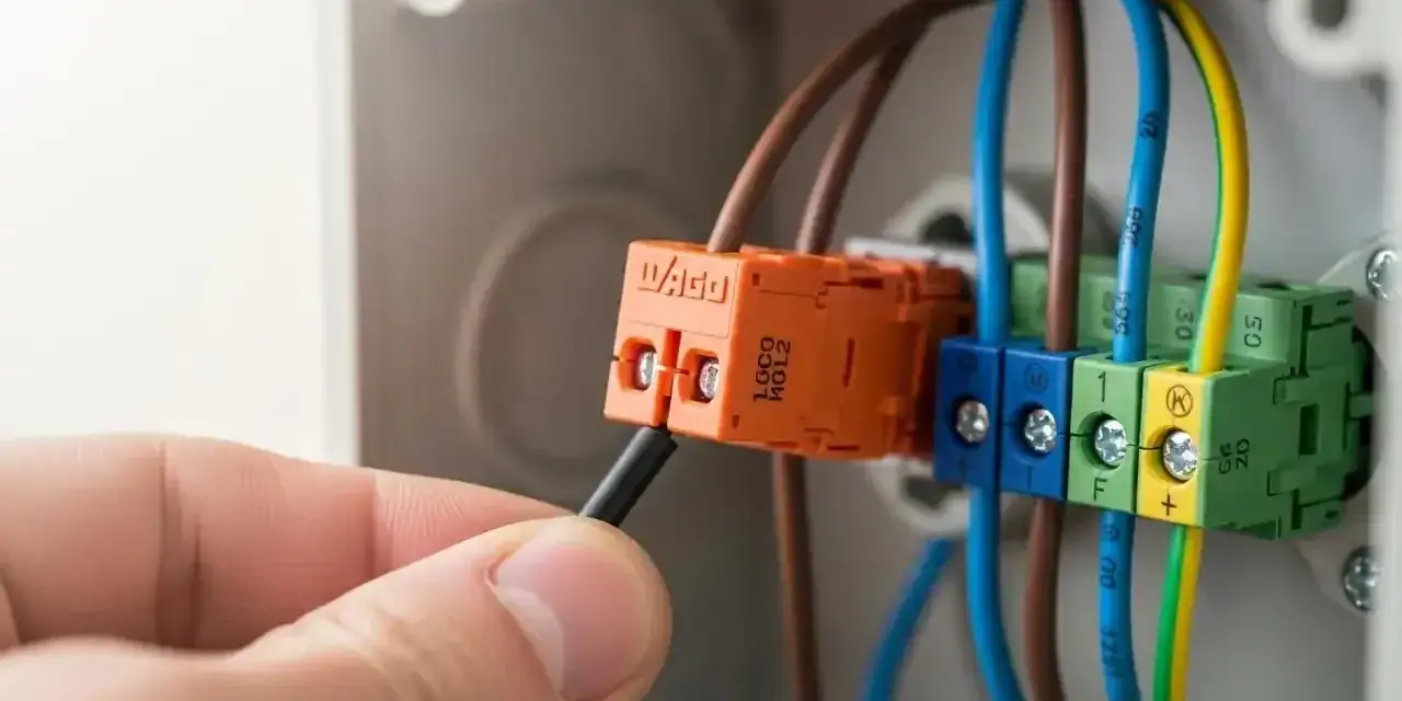 Main électrique pour brancher radiateur inertie sur prise de courant. Connexion des fils dans un boîtier.