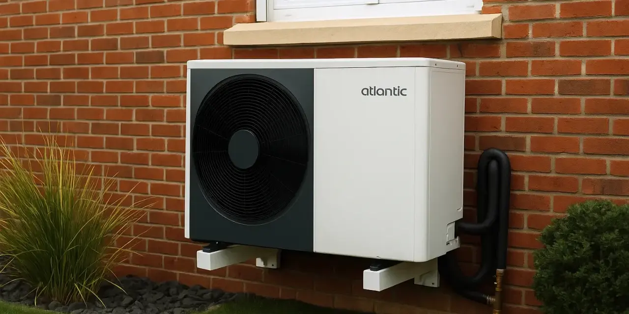 Une pompe à chaleur monobloc Atlantic, fixée au mur de briques d'une maison, avec des tuyaux noirs et un ventilateur visible.