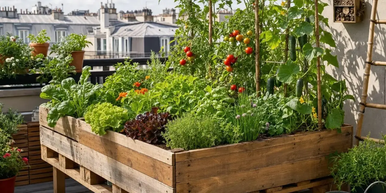 Un potager luxuriant sur un balcon, avec des tomates, concombres et salades dans une **déco jardin** en **palette**. L'**exterieur** est aménagé avec soin.
