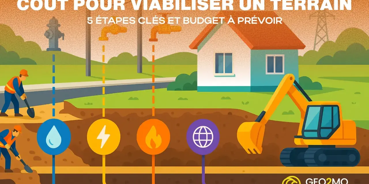 Illustration du coût pour viabiliser un terrain : ouvriers, pelleteuse, et réseaux (eau, électricité, gaz, internet) pour un projet de construction.