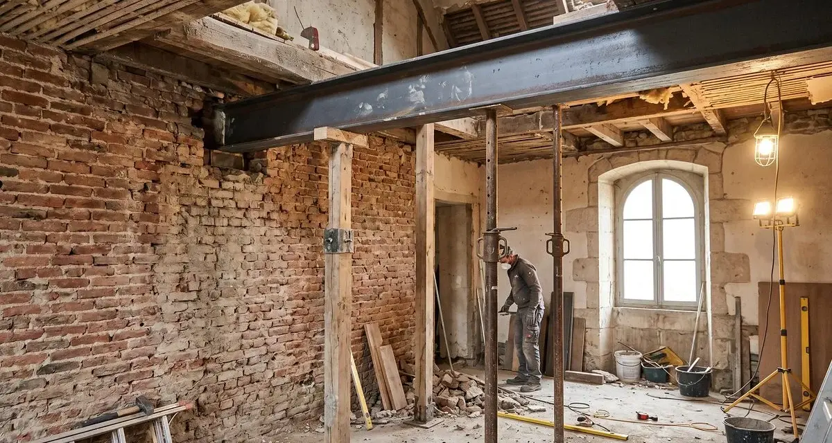 Un ouvrier travaille sous une poutre métallique soutenue par des étais, remplaçant un ipn mur porteur dans une maison en rénovation.