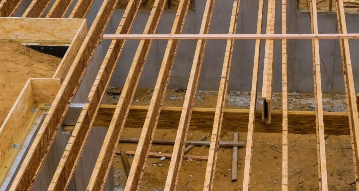 Structure en bois d'un plancher en construction. Le prix du solivage plancher m2 dépend de ces éléments.