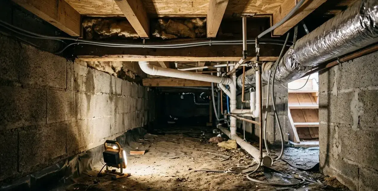 Éclairage d'un vide sanitaire humide, révélant des tuyaux, des conduits et des murs en blocs de béton.