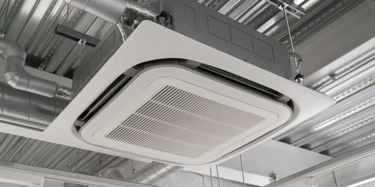 Unité de climatisation par le plafond, discrète et efficace, intégrée dans un faux plafond avec des conduits d'air apparents.