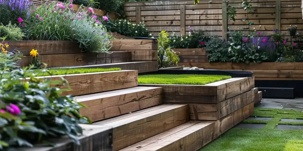 Jardin aménagé en terrasses sur un terrain en pente raide, avec des parterres de fleurs colorées et de l'herbe verte vive.