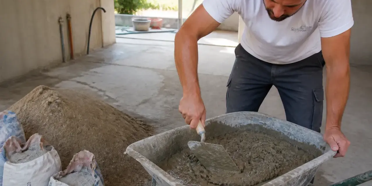 Un ouvrier mélange du ciment dans une brouette, préparant un chape maigre dosage pour une construction.