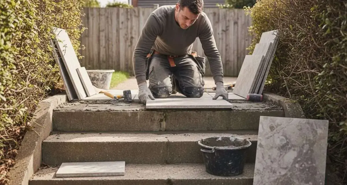 Un ouvrier pose des dalles sur un escalier extérieur en béton. Des outils et des matériaux sont à proximité.