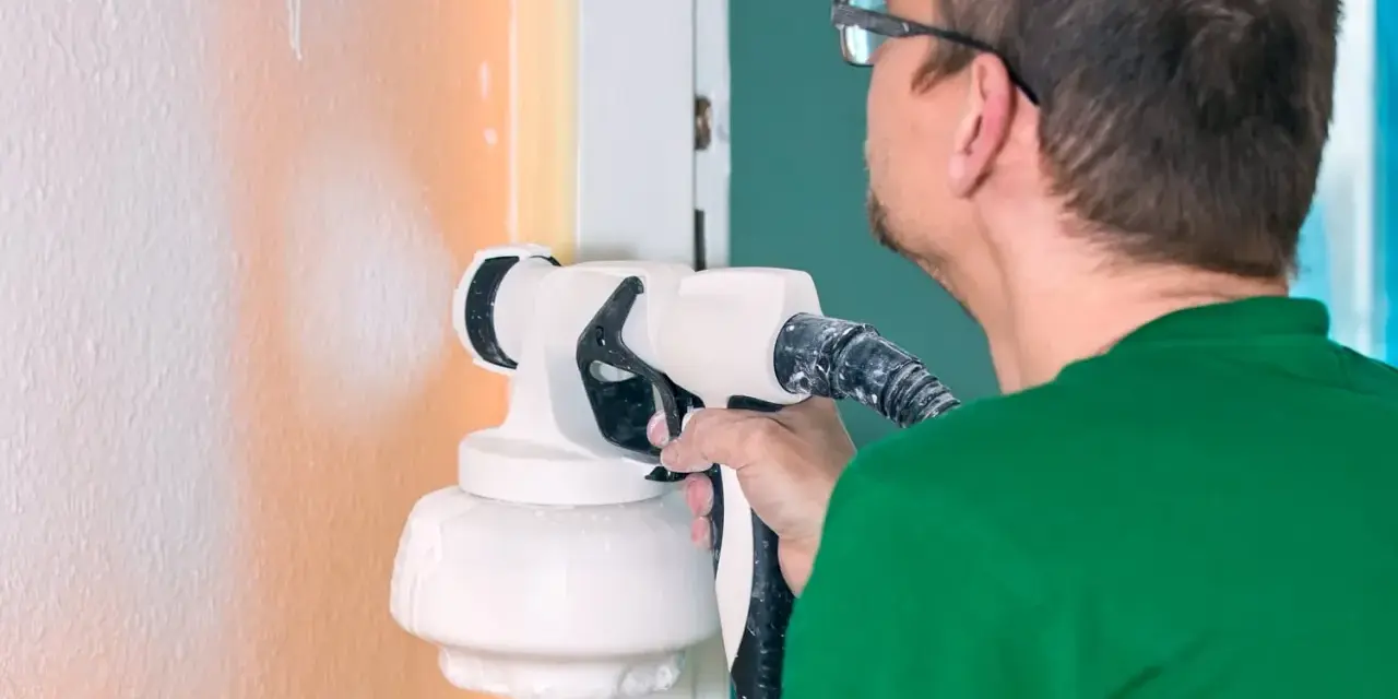 Un homme en t-shirt vert utilise un pistolet pour peindre un mur en orange.