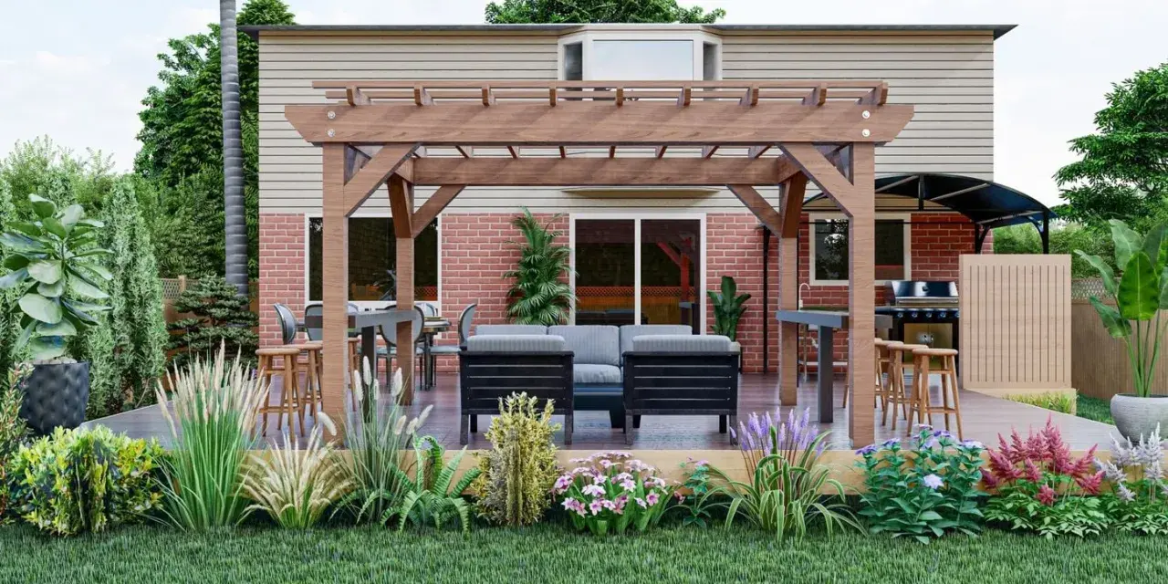 Un espace extérieur invitant avec pergola, salon, table et barbecue. Ce plan cuisine d'été est parfait pour recevoir.