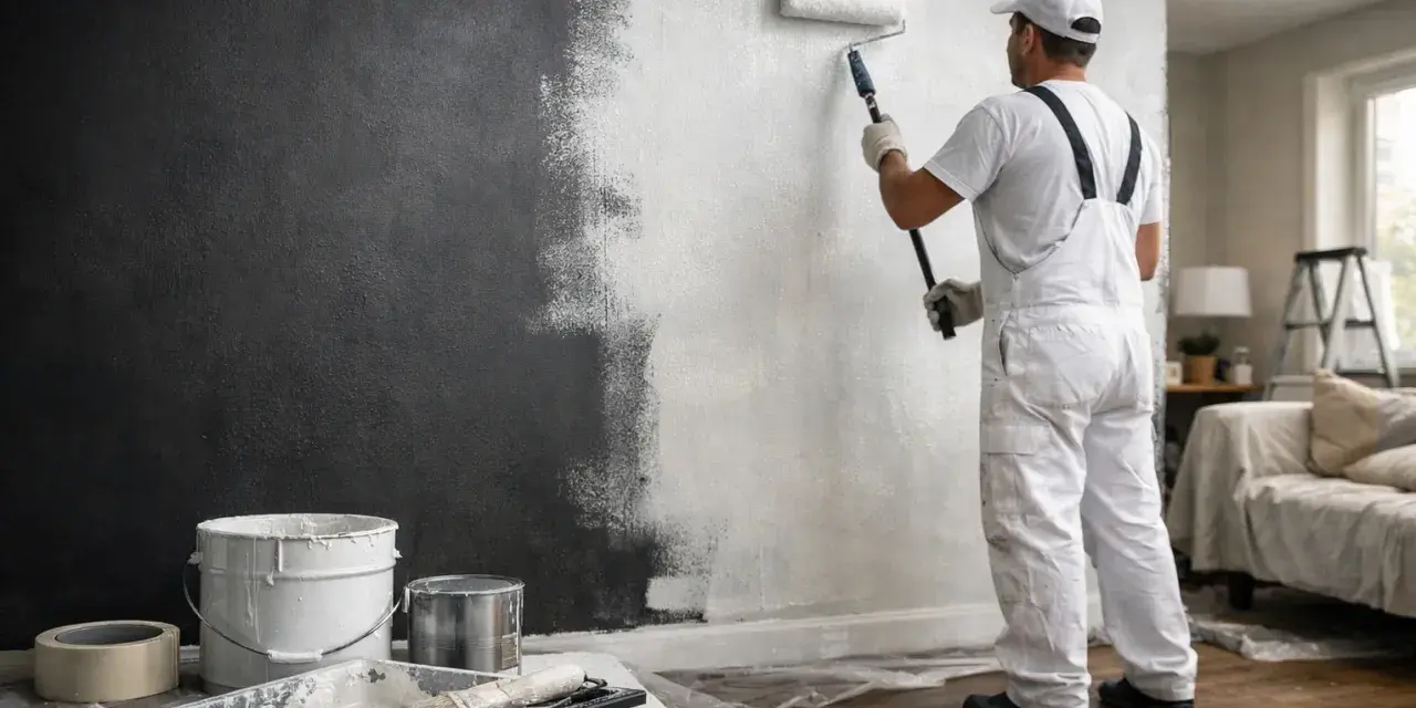Un peintre en salopette blanche est en train de repeindre un mur de couleur sombre en blanc, utilisant un rouleau.