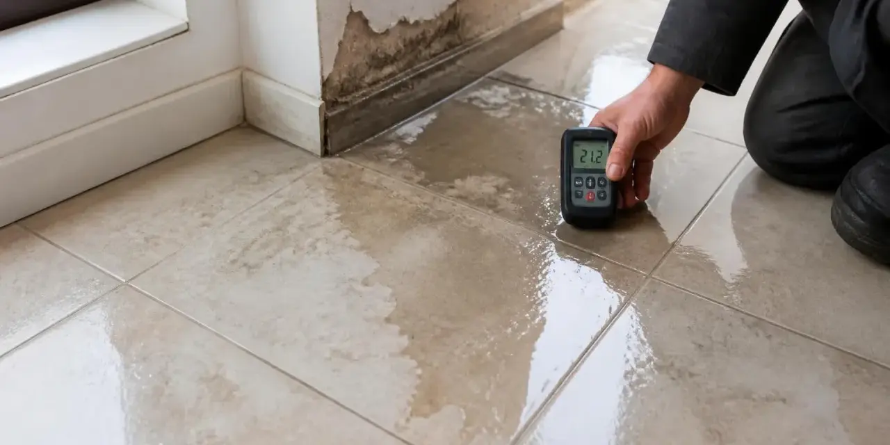 Un professionnel mesure l'humidité au sol carrelage près d'un mur endommagé par l'eau.