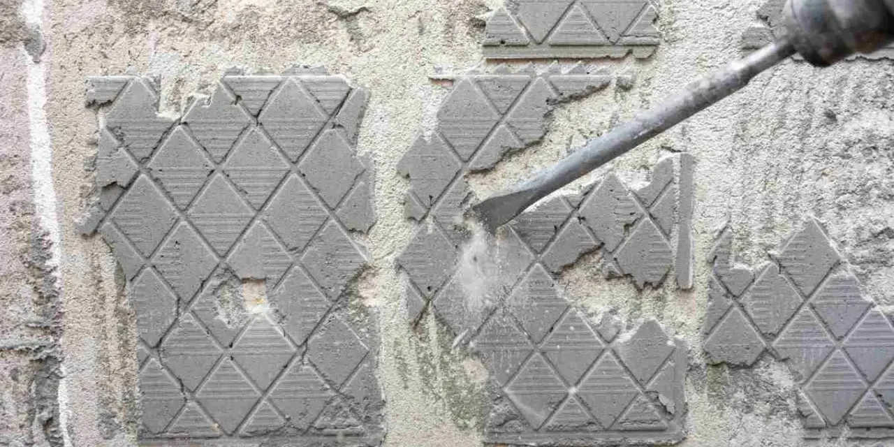 Outil de burinage en action pour enlever colle carrelage sur un mur en béton.