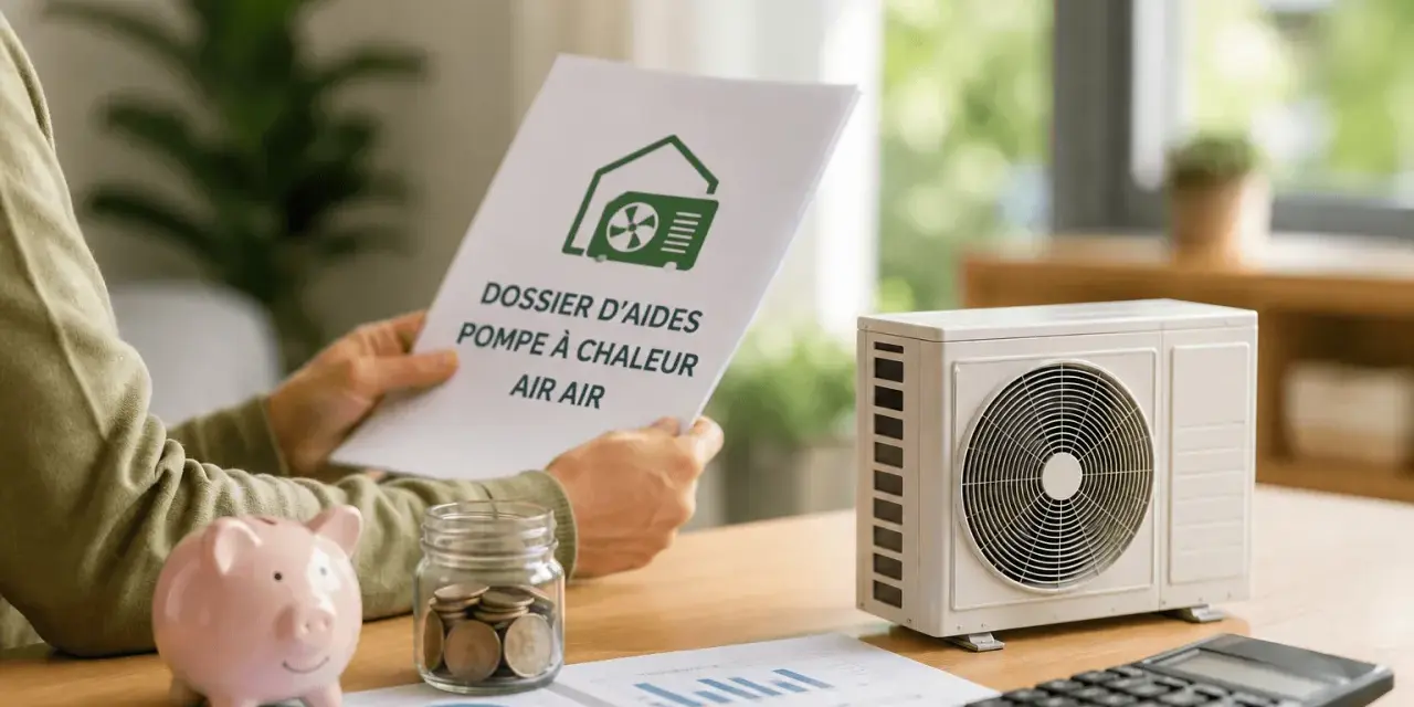 Une personne examine un dossier d'aide pour pompe à chaleur air air, avec une tirelire et un appareil extérieur à proximité.